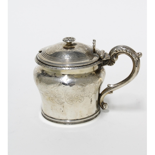 69 - Victorian engraved silver mustard, London 1840, with blue glass liner