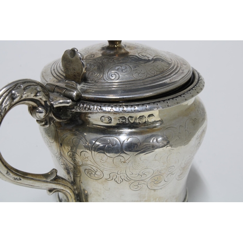 69 - Victorian engraved silver mustard, London 1840, with blue glass liner