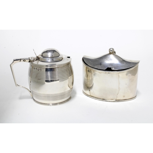 70 - George III silver mustard, navette form with blue glass liner, London 1795 and a barrel form silver ... 