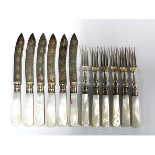 98D - A set of six mother of pearl handled silver plated fruit knives and forks (12)