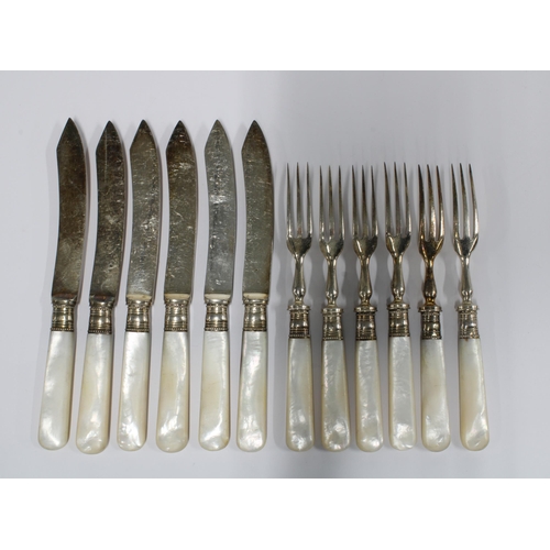 98D - A set of six mother of pearl handled silver plated fruit knives and forks (12)