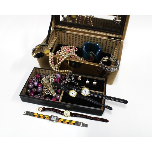 98E - Jewellery box containing a collection of vintage and later costume jewellery with fashion wristwatch... 