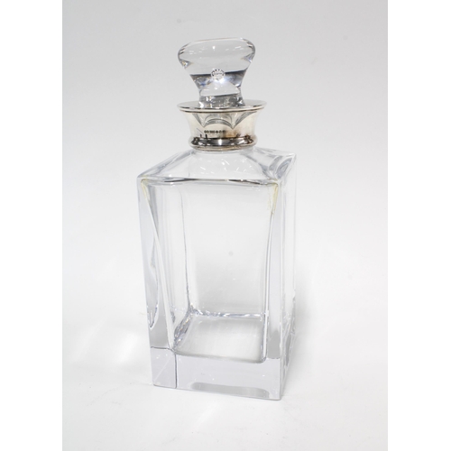 99D - Contemporary glass spirit decanter and stopper with Epns collar by Carrs of Sheffield