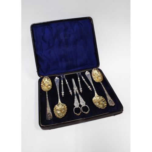 99E - Victorian Epns fruit and nut set with four berry spoons, grape scissors and two nut cracks, in fitte... 