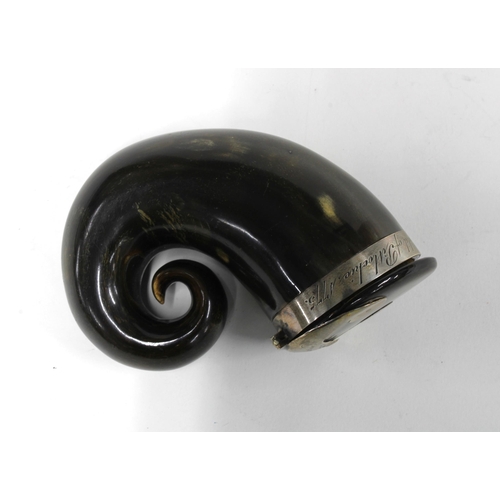 99L - 18th century curly horn snuff mull with white metal collar inscribed James Gilmour Westfield of Pitl... 