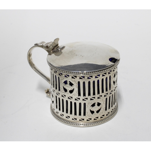 71 - George III silver mustard pot, pierced design with blue glass liner, London 1782, 6cm