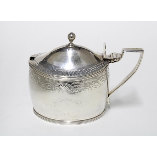 72 - George III silver mustard pot, John Emes, London 1801, with hinged cover and a fern engraved border,... 