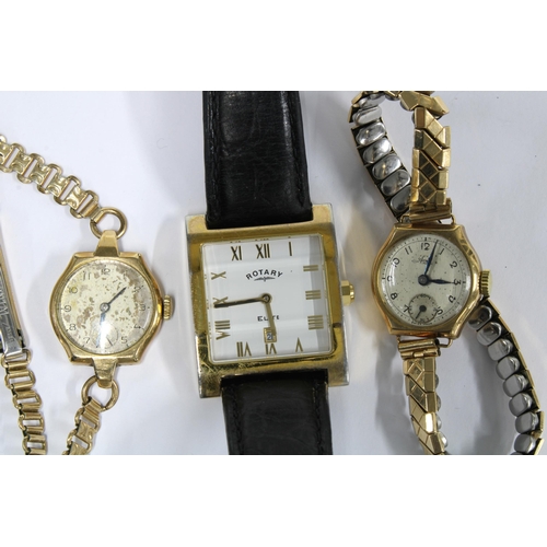 93 - Two ladies vintage 9ct gold cased wristwatches and a Gents gold plated rotary