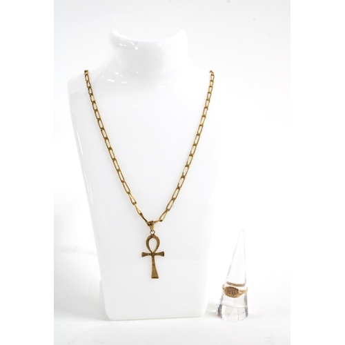 95 - 9ct gold signet ring, gold plated cross on a yellow metal chain (2)