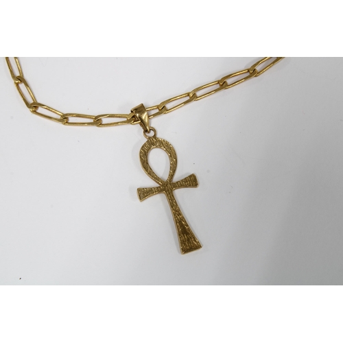 95 - 9ct gold signet ring, gold plated cross on a yellow metal chain (2)