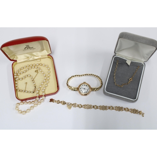 96 - 9ct gold bracelet and another, 9ct gold cased vintage wristwatch and a strand of Ciro faux pearls wi... 