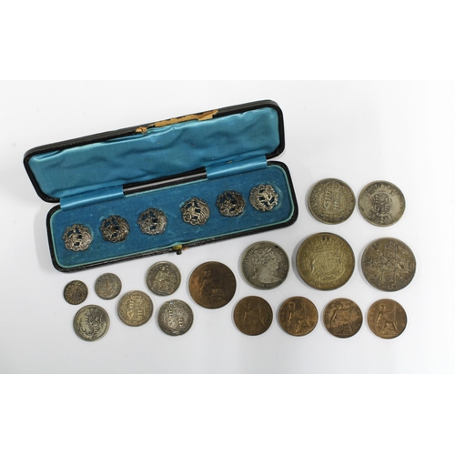 97 - Cased set of six Edwardian silver buttons, a small collection of pre decimal coins