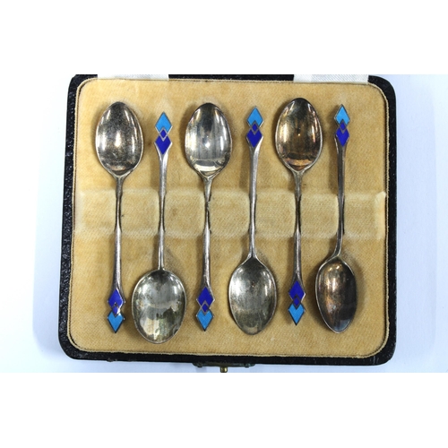 98 - Cased set of six silver and enamel Art Deco coffee spoon, Birmingham 1935 (6)