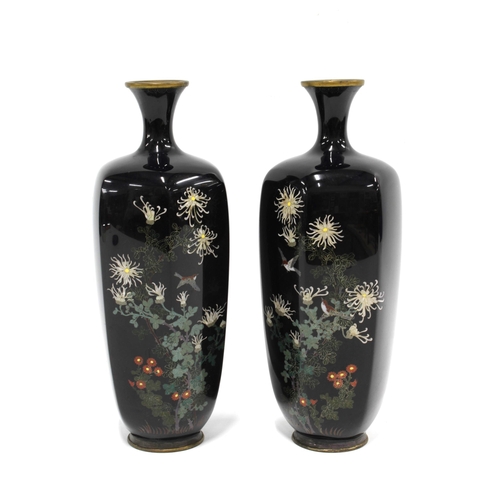 407 - A pair of  early 20th century cloisonné enamel vases, hexagonal form with circular footrim, sparrow ... 