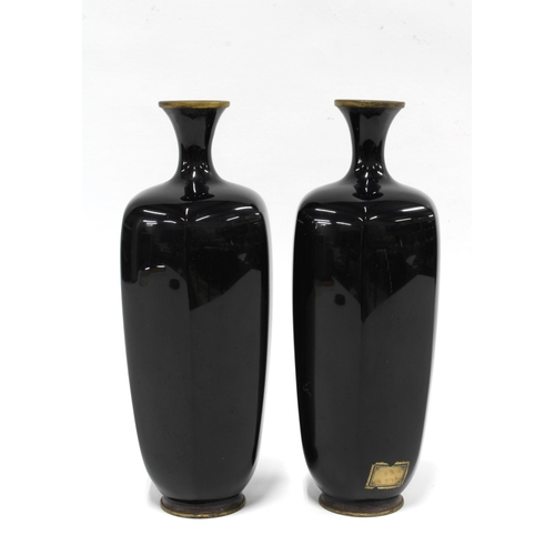 407 - A pair of  early 20th century cloisonné enamel vases, hexagonal form with circular footrim, sparrow ... 