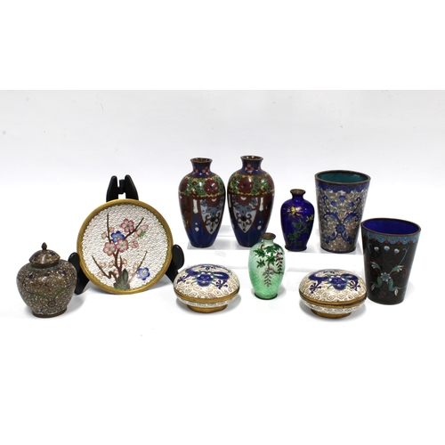 408 - A collection of miniature cloisonné vases, dishes and beakers, tallest 9cm (10)