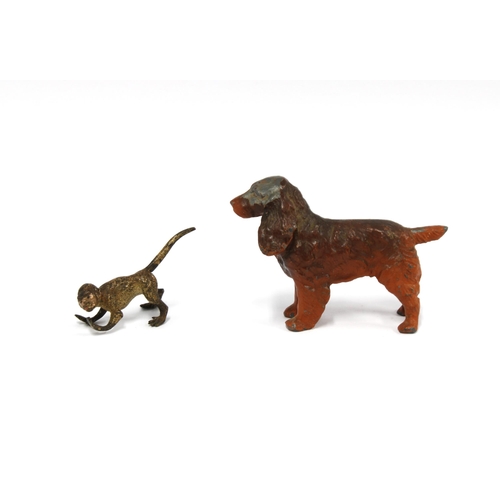 411 - Cold painted bronze monkey 5cm long, and a cold painted spelter spaniel, 8cm long (2)