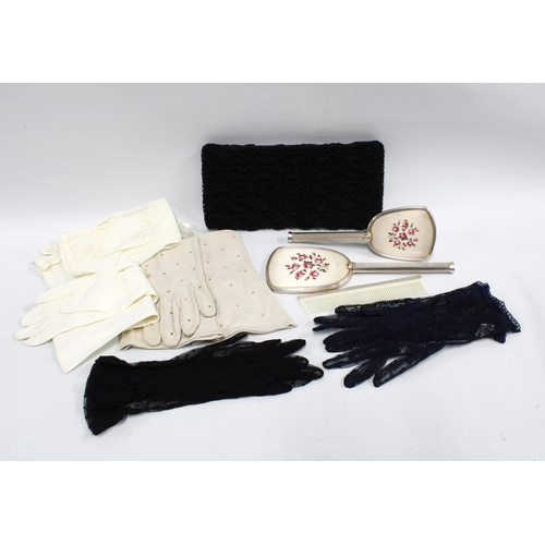 427 - Vintage evening bag, gloves and chrome dressing table brush set (a lot)