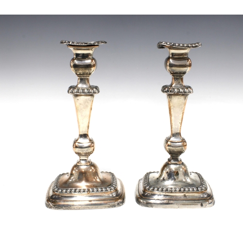 101 - A pair of silver plate on copper knop stem candlesticks, (2) 14 x 26cm.