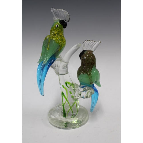 119 - Art glass group of two perched birds, likely by Murano, 16 x 29cm.