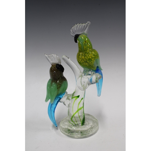 119 - Art glass group of two perched birds, likely by Murano, 16 x 29cm.