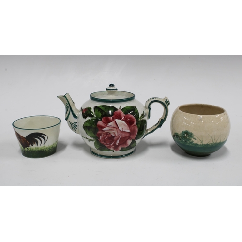 126 - Wemyss pottery miniature teapot painted with cabbage roses and a cockerel 'Bon Jour' bowl, both reta... 