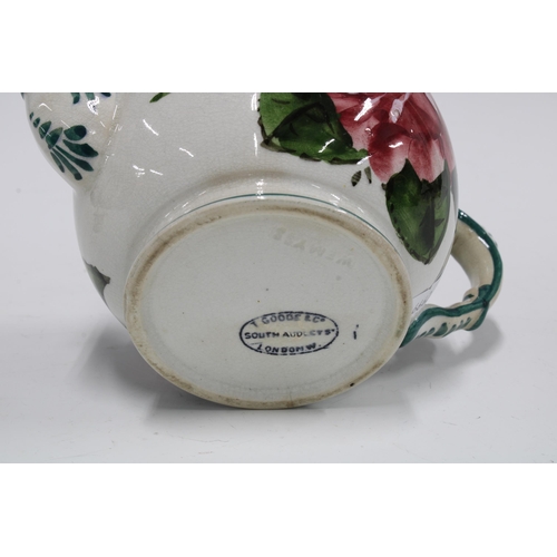 126 - Wemyss pottery miniature teapot painted with cabbage roses and a cockerel 'Bon Jour' bowl, both reta... 