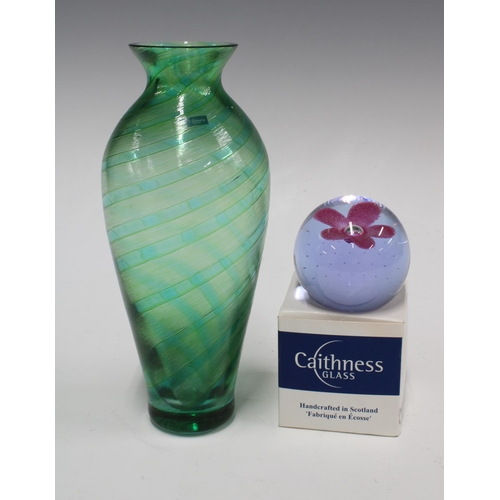 128 - Caithness Glass paperweight, boxed and a Caithness green art glass vase, (2) 9 x 22cm.