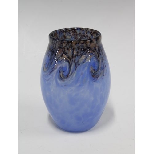 134 - Monart Scottish art glass vase, blue ground body with Aventurine swirls, 9 x 13cm.