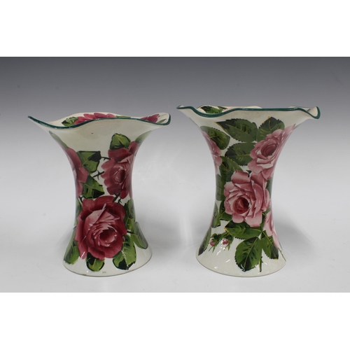 135 - TWO WEMYSS LADY EVA VASES, painted with cabbage roses and with green rims, script marks to base (2) ... 