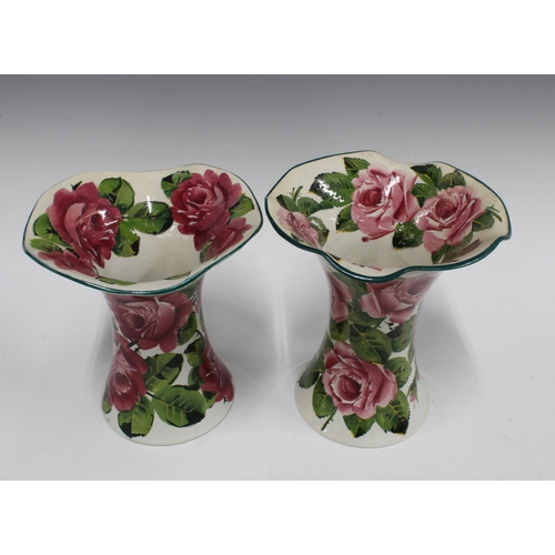 135 - TWO WEMYSS LADY EVA VASES, painted with cabbage roses and with green rims, script marks to base (2) ... 