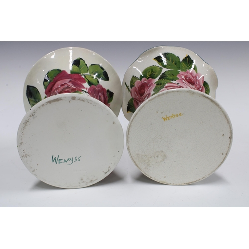 135 - TWO WEMYSS LADY EVA VASES, painted with cabbage roses and with green rims, script marks to base (2) ... 