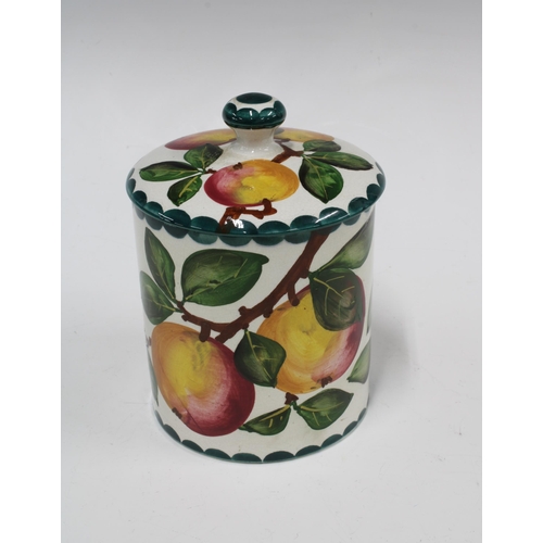 137 - WEMYSS WARE, R.H & S, cylindrical jar and cover, painted with apples, impressed marks and retailed b... 