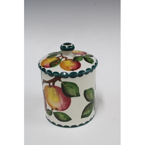 137 - WEMYSS WARE, R.H & S, cylindrical jar and cover, painted with apples, impressed marks and retailed b... 