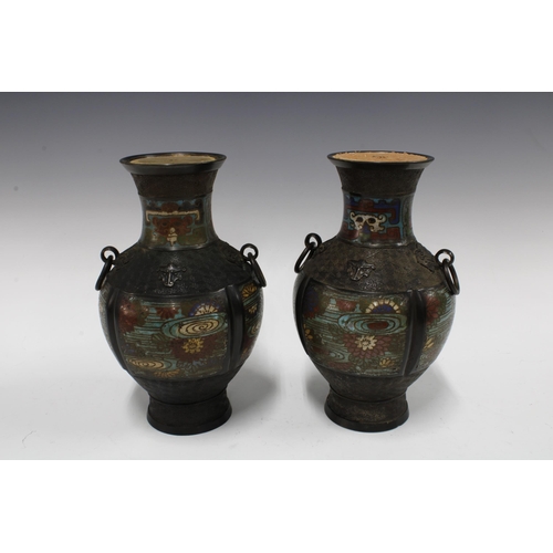 146 - A pair of large Chinese bronze and champleve vases, archaic form with ring loops to the shoulders, e... 