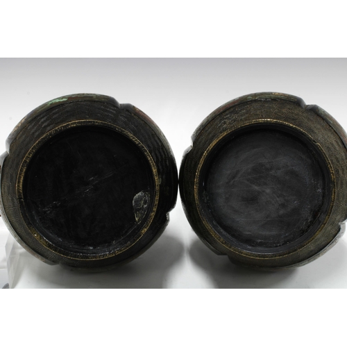 146 - A pair of large Chinese bronze and champleve vases, archaic form with ring loops to the shoulders, e... 