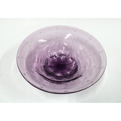 150 - Whitefriars style art glass bowl, aubergine colour with bubble inclusions, 26cm.