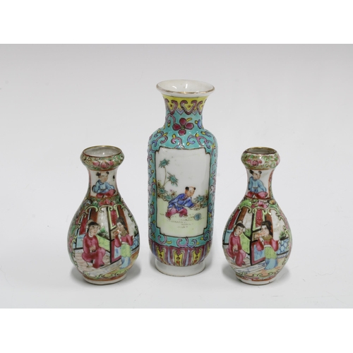 156 - Pair of Chinese miniature famille rose vases  and another of taller form, (3) 12cm.