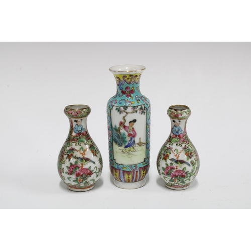 156 - Pair of Chinese miniature famille rose vases  and another of taller form, (3) 12cm.