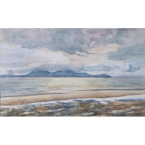 160 - SHEENA PHILLIPS (SCOTTISH CONTEMPORARY) WINTER OVER ARRAN, signed watercolour, framed under glass, l... 