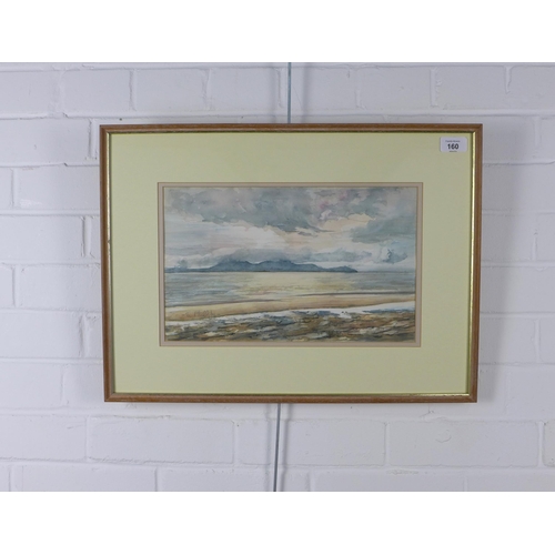 160 - SHEENA PHILLIPS (SCOTTISH CONTEMPORARY) WINTER OVER ARRAN, signed watercolour, framed under glass, l... 