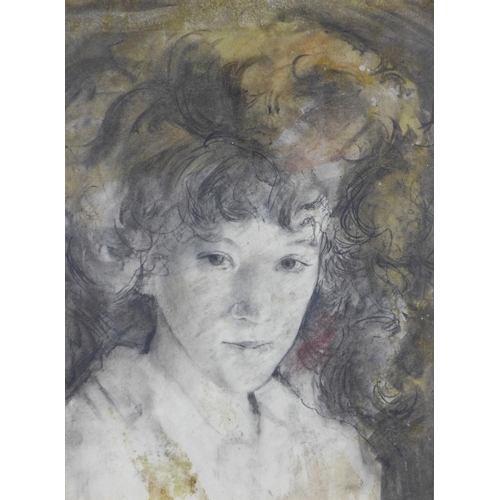 181 - IAN MCILHENNY (SCOTTISH CONTEMPORARY) Mixed media portrait of a girl, framed under glass and labelle... 