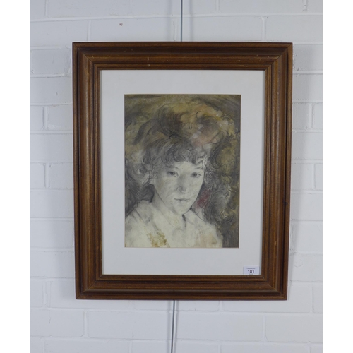 181 - IAN MCILHENNY (SCOTTISH CONTEMPORARY) Mixed media portrait of a girl, framed under glass and labelle... 