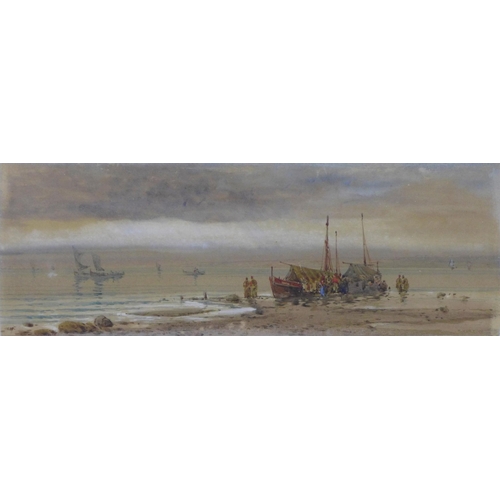 184 - M. MARTIN, Untitled watercolour of a shore scene, signed and framed under glass, 35 x 12cm