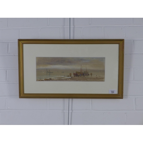 184 - M. MARTIN, Untitled watercolour of a shore scene, signed and framed under glass, 35 x 12cm