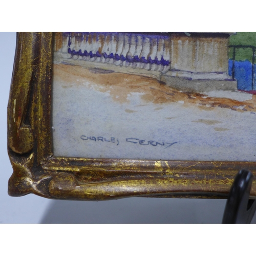 191 - CHARLES CERNY, watercolour of a Stately Home, signed and framed under glass, 21 x 15cm