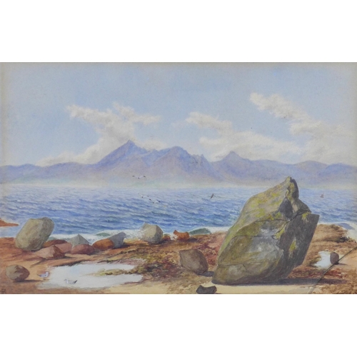 192 - Untitled watercolour of a shore scene, signed with initials AFM, framed, 32 x 21cm