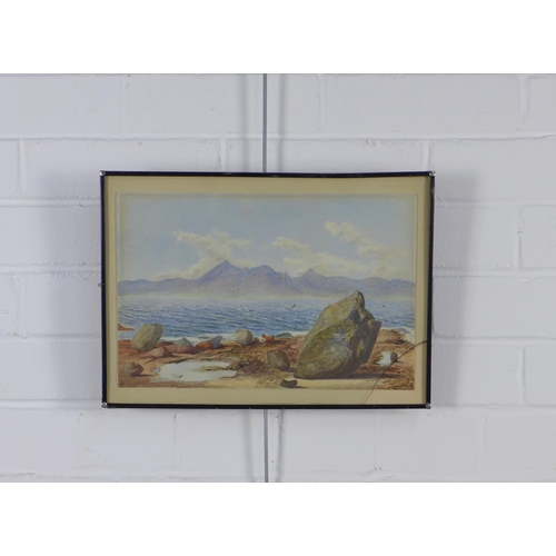 192 - Untitled watercolour of a shore scene, signed with initials AFM, framed, 32 x 21cm