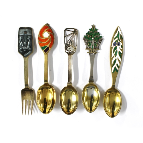 2 - Danish silver and silver-gilt year spoons by Anton Michelsen  1938, 1970 & 1971 together with anothe... 