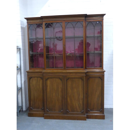 201 - Mahogany breakfront bookcase cabinet with four glazed doors over four panelled doors, plinth base,  ... 